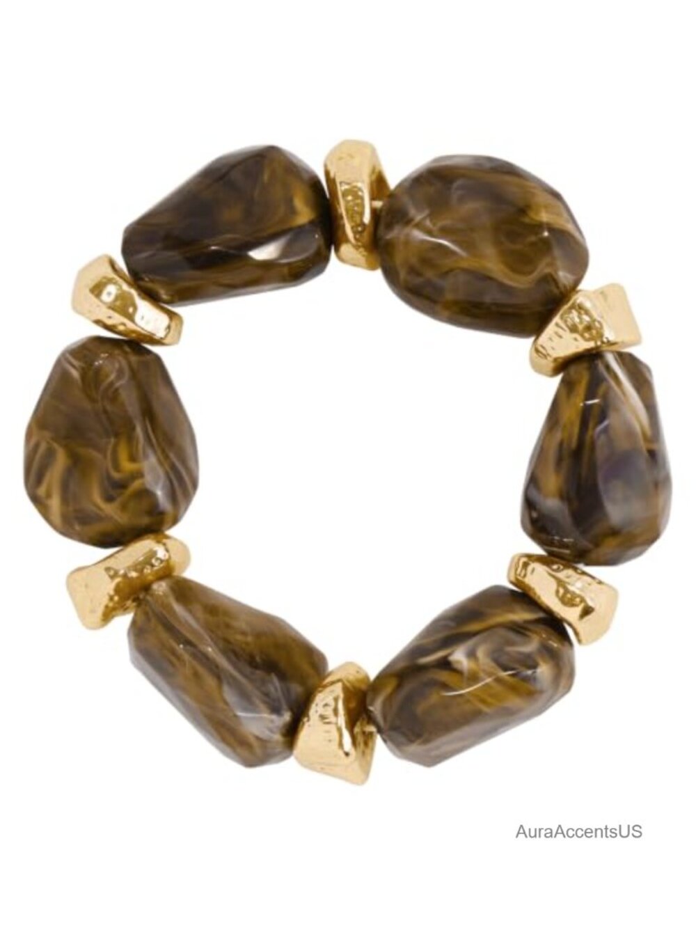 Resin Beaded Stretch Bracelet Hammered Metal Accent Boho Statement Stackable